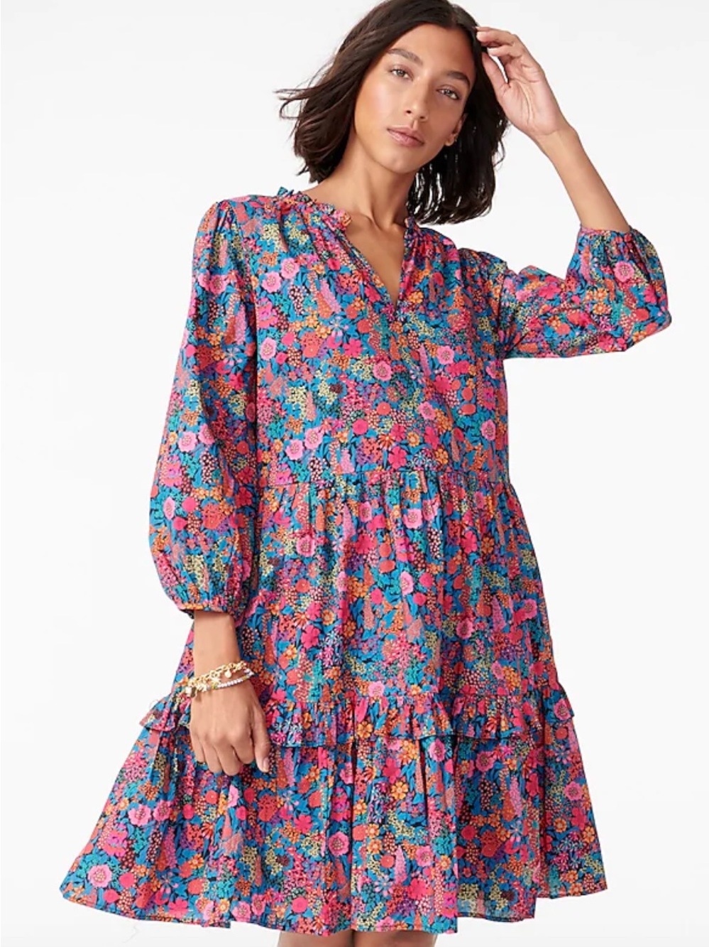J. Crew Pink & Blue Floral V-Neck Tiered Mini Dress